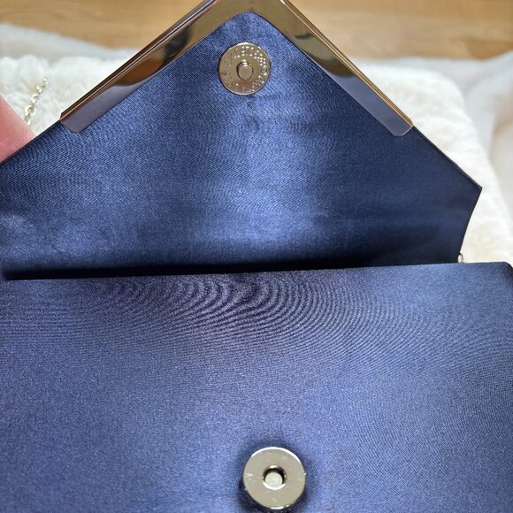 La Regale Crisscross Navy Blue Satin Structured Envelope (Clutch/ Shoulder Bag/ - Picture 13 of 16